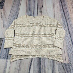 Free People Sweater Womens Large Tan Oatmeal Linus Stripe Pullover Over‎ Size